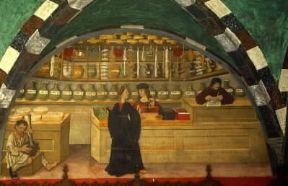 Bottega dello speziale in un affresco del castello di Issogne in Valle d'Aosta.De Agostini Picture Library/G. P. Cavallero