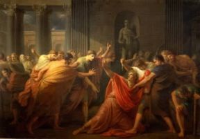 Gaio Giulio Cesare. L'assassinio di Cesare raffigurato in un dipinto di H. F. Fuger (Vienna, Historisches Museum der Stadt).De Agostini Picture Library/G. Nimatallah