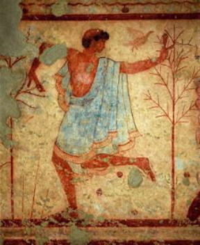 Tarquinia. Particolare di un affresco della Tomba del Triclinio (Tarquinia, Museo Nazionale Tarquiniense).De Agostini Picture Library/G. Nimatallah