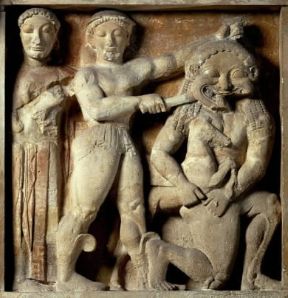 Gorgone decapitata da Perseo nel particolare di una metopa del tempio C di Selinunte (Palermo, Museo Archeologico).De Agostini Picture Library / G. Dagli Orti
