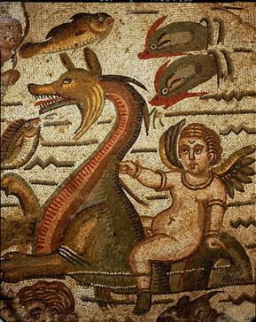 Mosaico. Tiaso marino nel particolare del mosaico pavimentale nella villa tardoromana del Casale a Piazza Armerina.De Agostini Picture Library / G. Dagli Orti