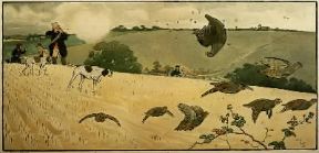 Caccia alla pernice in un'incisione di C. Aldin (sec. XIX; Parigi, BibliothÃ¨que des Arts DÃ©coratifs).De Agostini Picture Library/G. Dagli Orti