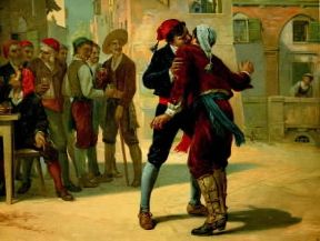 Cavalleria rusticana. Alfio e Turiddu si scambiono il bacio prima del duello in un'oleografia di Rauzzini del 1891 (Milano, Casa Musicale Sonzogno).De Agostini Picture Library/A. Dagli Orti