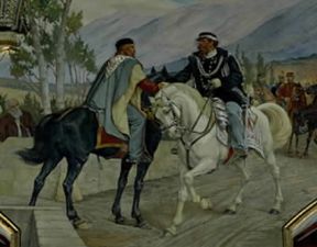 Risorgimento. Particolare di un'affresco raffigurante l'incontro a Teano tra Vittorio Emanuele II e Garibaldi, nel 1860 (Siena, Palazzo Pubblico).De Agostini Picture Library/G. Dagli Orti