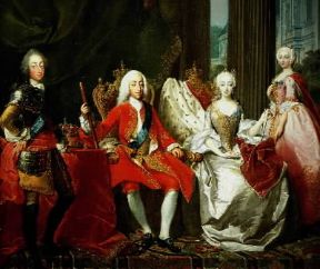 Cristiano VI con la regina Sofia Maddalena e il principe, futuro Federico V, in un ritratto di M. Tuscher (Copenaghen, Rosenborg Slot).De Agostini Picture Library / A. Dagli Orti