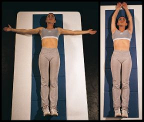 Esercizio per gli arti superiori. Movimenti per gli arti superiori da eseguire a terra. Spostamento delle braccia in alto da posizione supina.