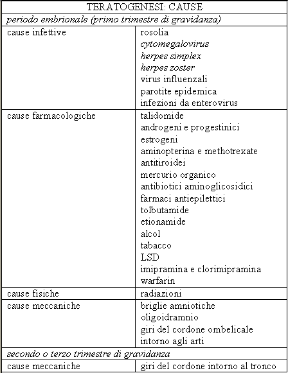 Cause di malformazioni fetali. Teratogenesi. La tabella riporta l'elenco delle principali cause di malformazioni fetali durante il primo trimestre di gravidanza.
