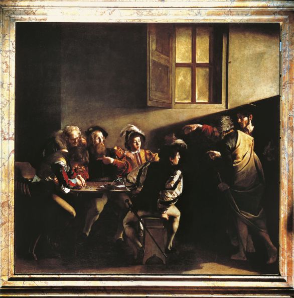 Vocazione di San Matteo, olio su tela, 1599, collocato presso la Cappella Cantarelli nella chiesa di San Luigi dei Francesi a Roma Nel 1597 Caravaggio entrò al servizio del Cardinale Del Monte e grazie a lui ottenne la sua prima commissione pubblica, di cui fa parte quest'opera. Il contratto, sottoscritto nel 1599, rappresenta la prima testimonianza indiscussa dell'attività romana del pittore.