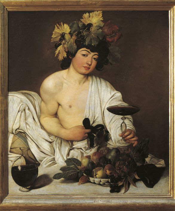 Bacco, olio su tela, 1595-96 circa, collocato presso la Galleria degli Uffizi a Firenze Bacco è un'opera importante sia per l'audacia del taglio compositivo sia per la maestria con cui sono stati realizzati i dettagli di natura morta. Nonostante l'evidente erotismo che esprime lo sguardo del giovane, alcuni studiosi hanno visto un significato morale nel quadro: i frutti che cominciano a marcire sono un invito a ricordare la caducità dei piaceri terreni.