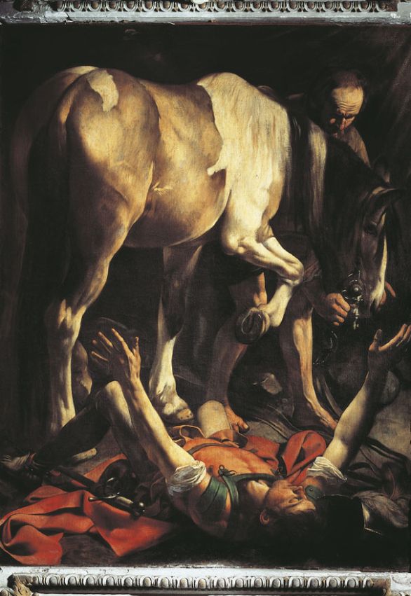 Conversione di San Paolo, olio su tela, 1600-01, collocato presso la Cappella Cerasi nella chiesa di Santa Maria del Popolo a Roma Il possente fianco del cavallo domina la parte superiore di questo dipinto. Ci volle tutta l'audacia del pittore per dare a un animale così comune un ruolo di tale rilievo in un'opera religiosa.