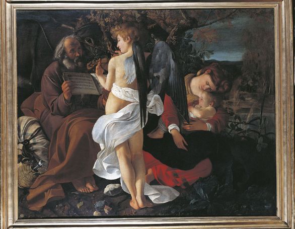 Riposo durante la fuga in Egitto, olio su tela, 1595-96, collocato presso la Galleria Doria Pamphilj di Roma L'opera ha come tema predominante la musica, impersonata dall'angelo musicista, che divide la scena in due parti distinte: a sinistra la vita attiva (Giuseppe che regge lo spartito), a destra la vita contemplativa (il sonno della Vergine e del Bambino).
