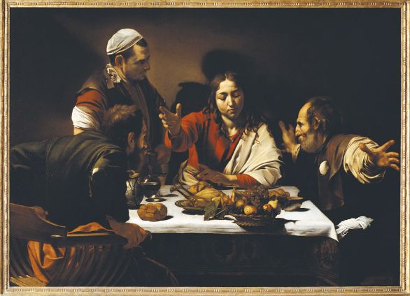 Cena in Emmaus, olio su tela, 1601, collocato presso la National Gallery di Londra Questo dipinto è uno dei capolavori di Caravaggio, con le figure in primo piano che riflettono l'ombra sullo sfondo neutro. Le vivande in tavola sono dipinte con straordinario realismo ma allo stesso tempo alludono a vari significati simbolici: l'Eucarestia, la morte e la resurrezione.