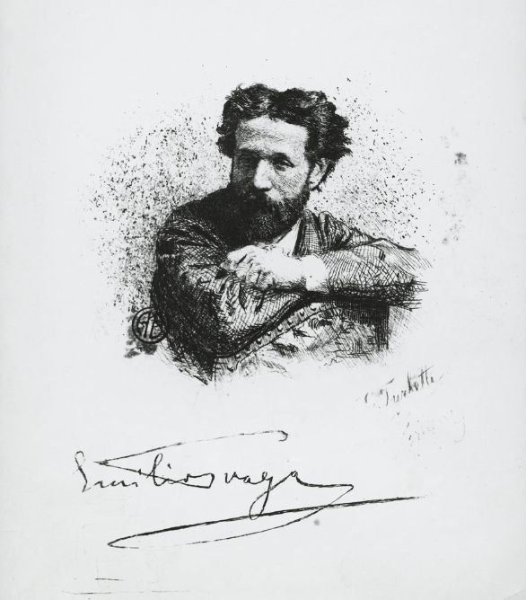 Ritratto con firma autografa di Emilio Praga, scrittore, librettista italiano, esponente della Scapigliatura Il milanese Emilio Praga (1839-1875) iniziò la sua attività artistica come pittore (scapigliati furono anche vari pittori dell'epoca) e solo successivamente si volse alla letteratura. Fin dalle prime raccolte di versi, 