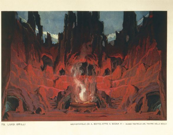 Arrigo Boito, Mefistofele, 1868. Scenografia di Luigi Brilli per la II scena del II atto A metà degli anni Settanta dell'Ottocento la sperimentazione radicale di Arrigo Boito si fece più prudente: il 