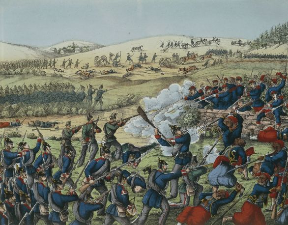 Attacco prussiano a Geisberg il 4 agosto 1870 Quando scoppia la guerra franco-prussiana (1870-1871) Nietzsche chiede di essere temporaneamente esonerato dall'insegnamento per recarsi sui territori di guerra e prestare soccorso come infermiere addetto al trasporto dei feriti. Dopo appena una settimana al fronte si ammala di difterite, viene curato e rimandato a casa.