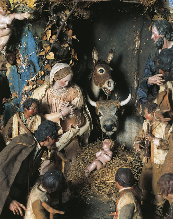 Italia, XVII secolo - Presepe napoletano, particolare. Collezione Perrone I presepi napoletani si distinguono per il minuzioso particolarismo delle statuine e degli oggetti e per il ricchissimo apparato scenografico, dove alle figure essenziali (Madonna, Bambino, San Giuseppe) si aggiunse tutta una folla di figure, di animali, di situazioni, elementi paesistici ecc.
