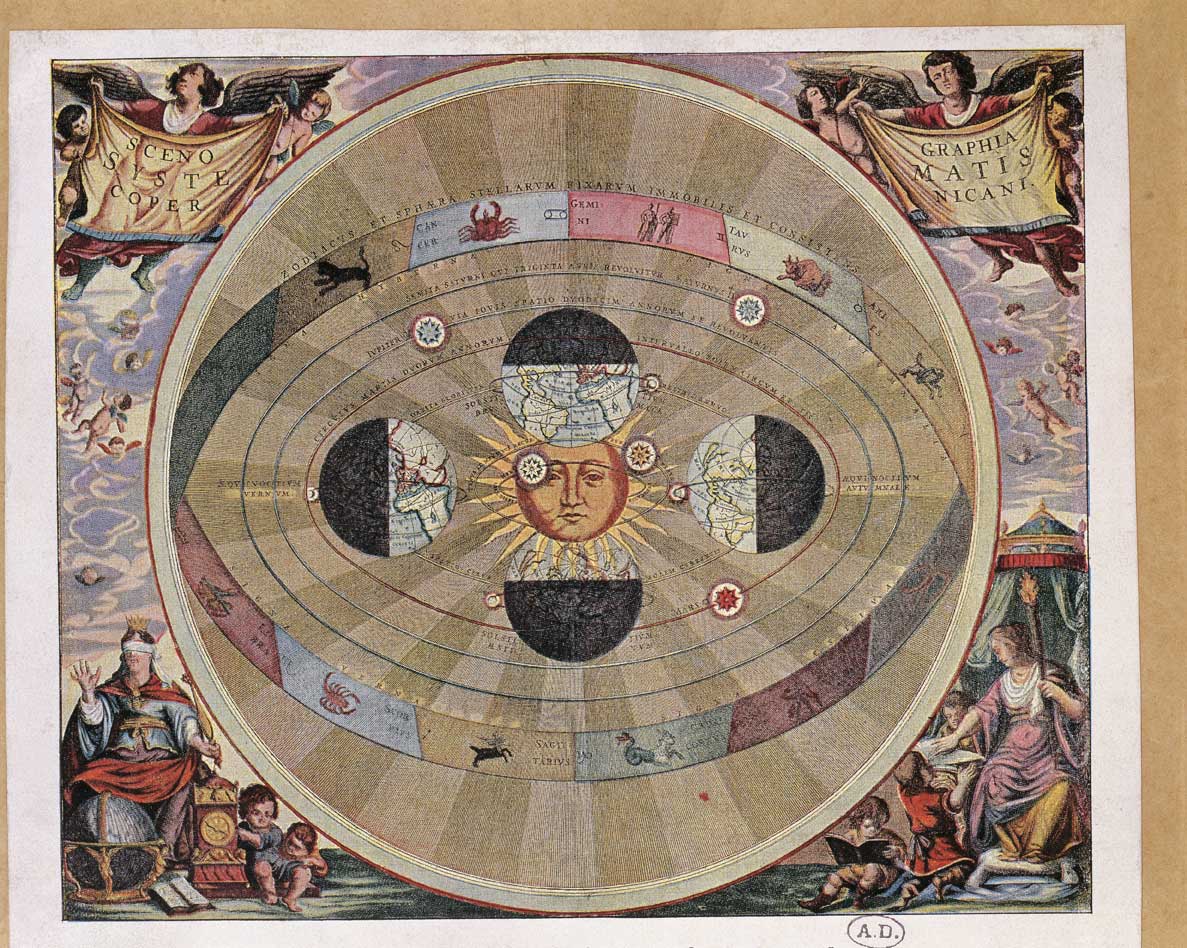 Cosmo, teoria eliocentrica Rappresentazione del cosmo secondo la teoria eliocentrica o copernicana con i movimenti della terra in rapporto con il sole.
Incisione tratta da Andreas Cellarius (1596-1665), Harmonia Macrocosmica, Amsterdam, 1660.
© De Agostini Picture Library