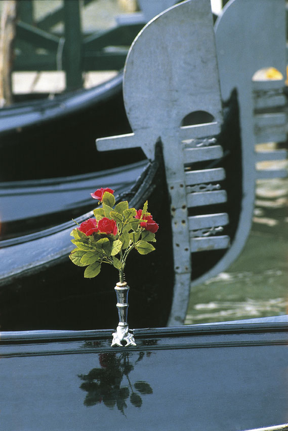 Gondola. Particolare La gondola è dotata di fornimenti metallici a prua (il caratteristico “ferro dentato”, forse derivato dall'alabarda o dal corno dogale) e a poppa (a forma di voluta).