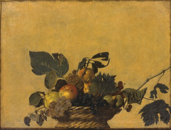 Canestra di frutta, Michelangelo Merisi da Caravaggio, olio su tela, 1594-1598 Questa natura morta di Caravaggio è caratterizzata da grande luminosità e da una attenta e puntuale raffigurazione di elementi naturali. Il quadro nasconde un significato simbolico: mentre le foglie di sinistra sono rivolte al sole, quelle di destra appassiscono, a suggerire il ciclo della vita e della morte.
