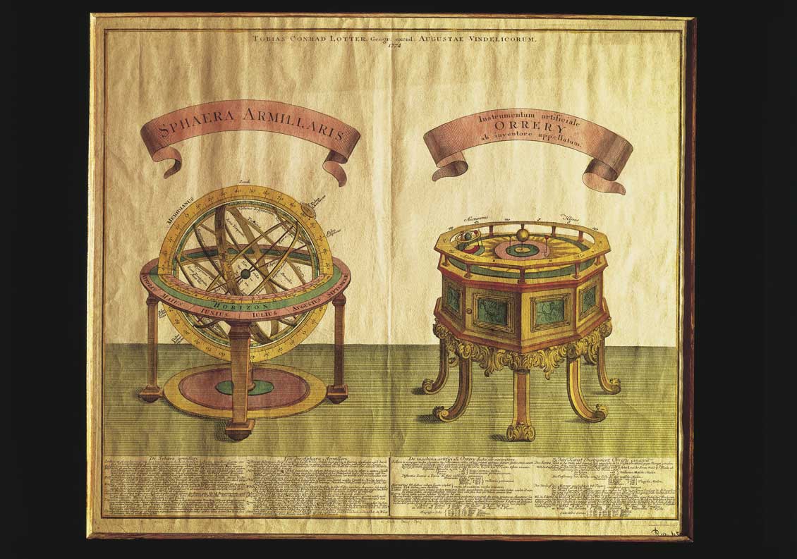 Incisione Incisione acquarellata raffigurante strumenti di osservazione astronomica (Sphaera Armillaris e Planetario) a cura di Tobias Conrad Lotter, Augsburg 1774.
© De Agostini Picture Library