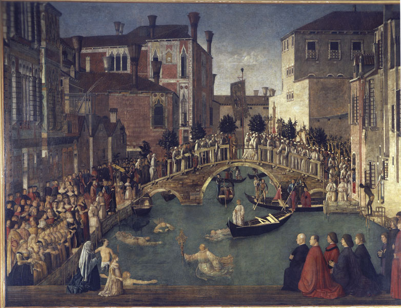 Gentile Bellini, Miracolo della Reliquia In un celebre dipinto di Bellini (Miracolo della Reliquia), è possibile osservare come era la struttura della gondola nel Quattrocento: pressoché definita nelle sue caratteristiche essenziali, risultava molto più corta e si muoveva a pelo d'acqua.