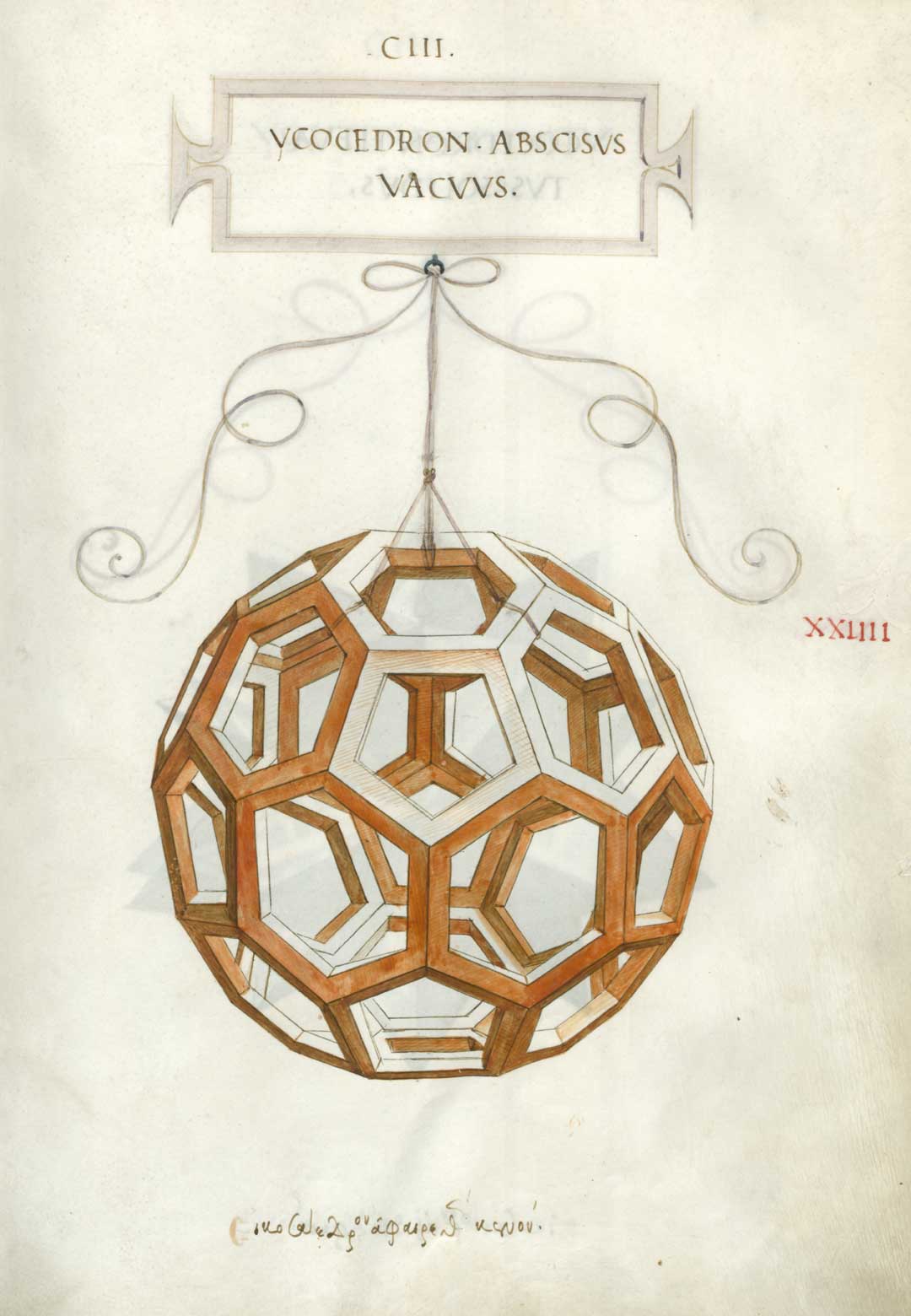 La divina proporzione, Leonardo Da Vinci La divina proporzione (De divina proportione) di Luca Pacioli. Tavola XXIIII, folio 103 recto. Icosaedro tagliato vuoto (Ycocedron abscisvs vacvvs). Disegno attribuito a Leonardo da Vinci.
© Veneranda Biblioteca Ambrosiana/De Agostini Picture Library 
