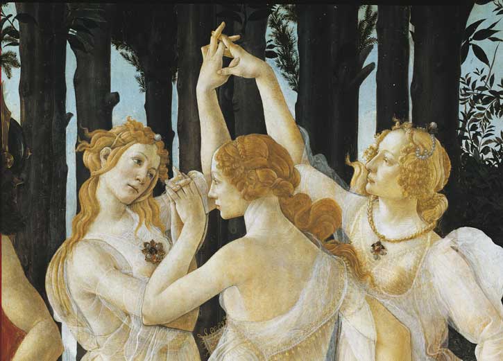 La Primavera, particolare della tre Grazie, Botticelli La Primavera, particolare della tre Grazie, 1482 ca., tempera su tavola di di Sandro Botticelli (1445-1510).
© De Agostini Picture Library.