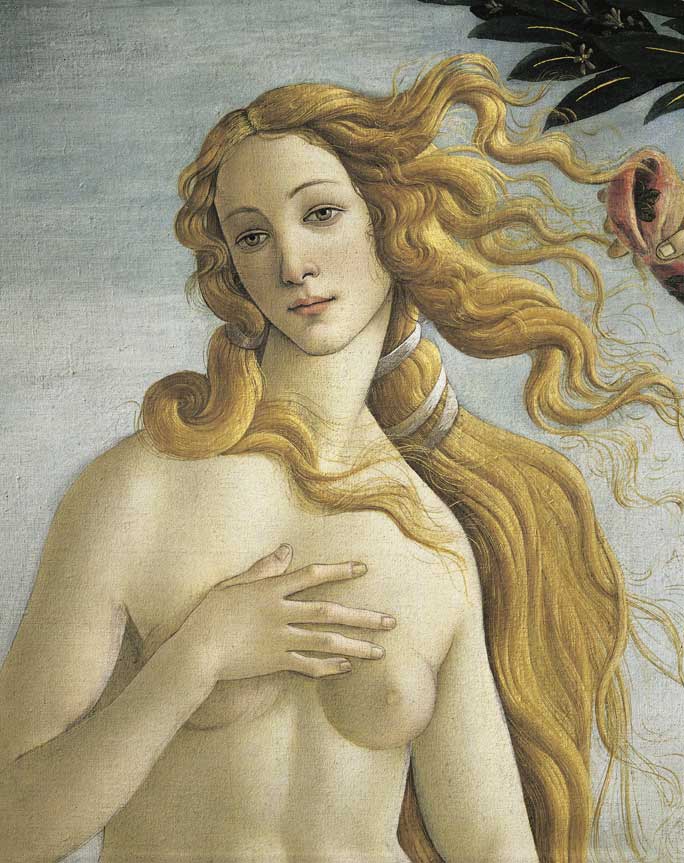 La nascita di Venere, particolare, Sandro Botticelli La nascita di Venere, particolare di Venere, 1482-1485, tempera su tavola di Sandro Botticelli (1445-1510).
© De Agostini Picture Library.